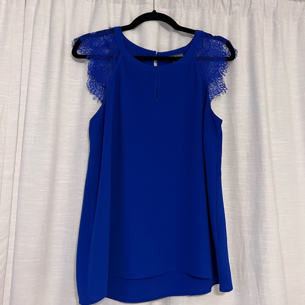 Brixon Ivy royal blue top with lace shoulders
